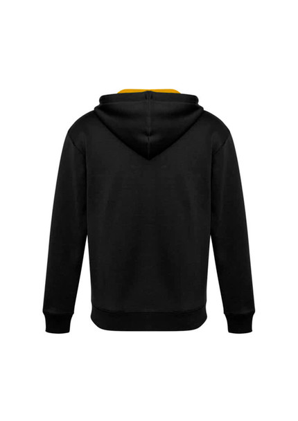 A black hoodie with a yellow inner lining and a hood, featuring a logo on the back.