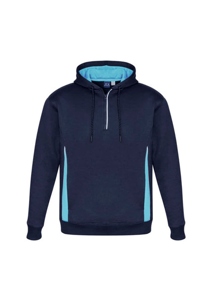 Unisex navy hoodie with light blue side panels and a zippered collar. Features a drawstring and a logo.