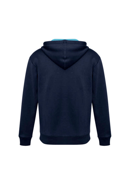 A navy blue hoodie featuring a kangaroo pocket and a hood. The back view shows a simple design with no visible branding.