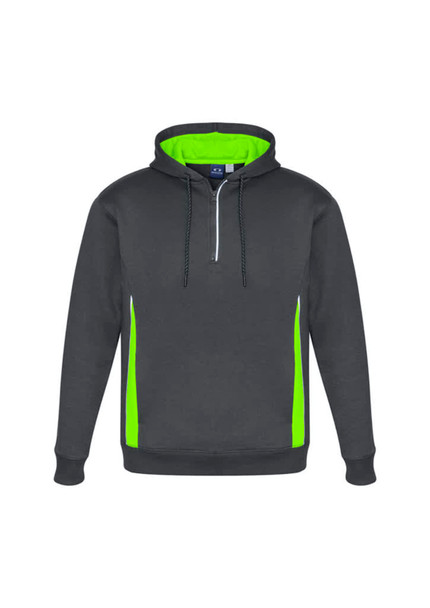 A grey unisex hoodie featuring bright lime green accents and a front zipper. It has a logo on the chest.