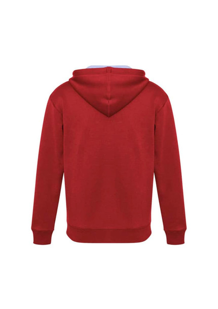 A red hoodie with a hood, featuring a plain back design and ribbed cuffs. It includes a logo.