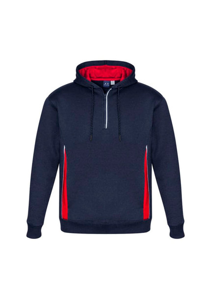 A navy unisex hoodie with red accents and a zippered collar, featuring a drawstring hood and a logo.