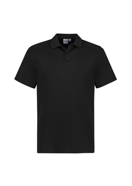 A black short sleeve polo shirt featuring a collar and a logo on the chest area.