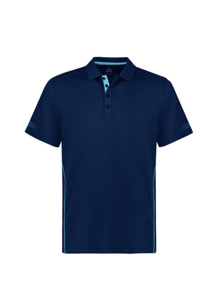 A navy blue men's short sleeve polo shirt with a subtle logo and light blue accents on the collar and sides.
