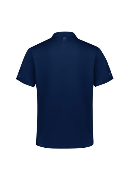A navy blue short sleeve polo shirt featuring a logo and decorative details on the sleeves and back.