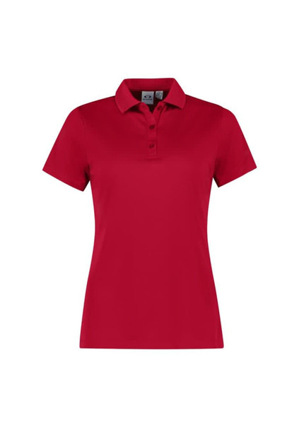 A red women's short sleeve polo shirt with a collar and a logo on the chest.