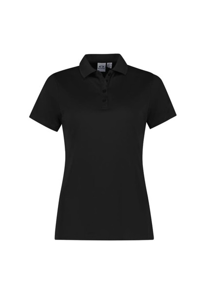 A short sleeve women's polo shirt in black, featuring a classic collar and a button placket. It has a logo on it.