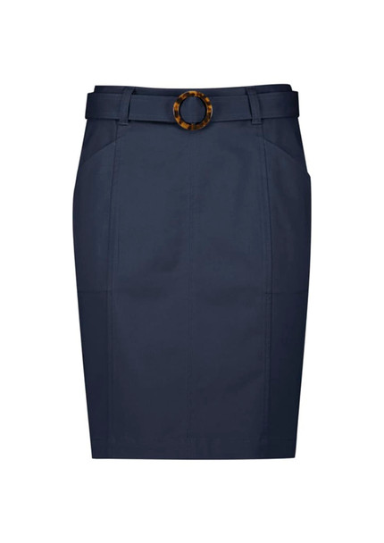 A mid-waist stretch chino skirt in navy blue with a belt featuring a circular buckle.