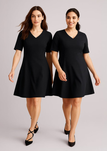 A black short sleeve dress featuring a V-neck design, displayed on two models. The dress has a fitted waist and flared skirt. A black short sleeve dress featuring a V-neck design, displayed on two models. The dress has a fitted waist and flared skirt.