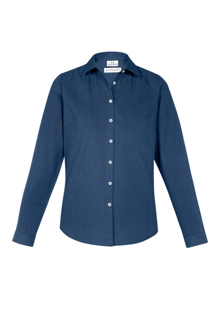 A women's long sleeve button-up shirt in dark navy blue, featuring a classic collar and buttons down the front.