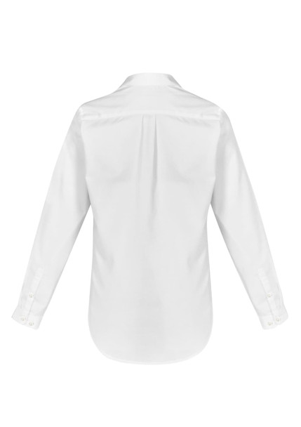 A white long sleeve button-up shirt with a collar and back pleat detail. It features buttons at the cuffs and a logo.