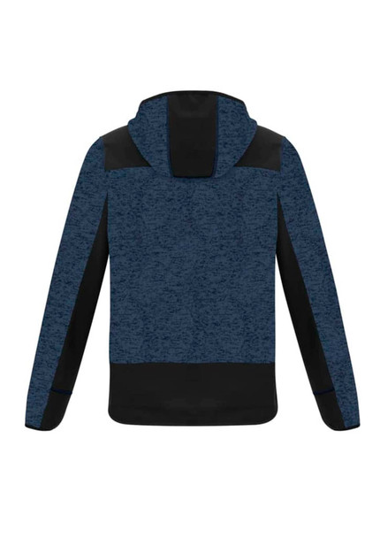 A unisex streetwear hoodie in dark blue with black accents and a hood. The back view features a logo.