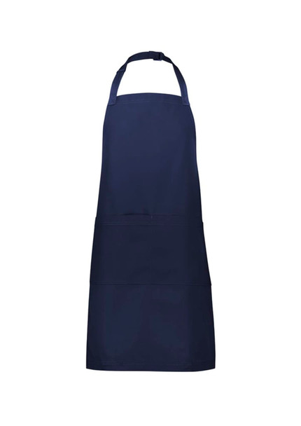 A navy blue apron featuring a pocket and an adjustable neck strap, with a simple logo design.
