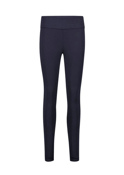A pair of high-rise pull-on corporate leggings in a dark navy colour, featuring a smooth finish and a brand logo.