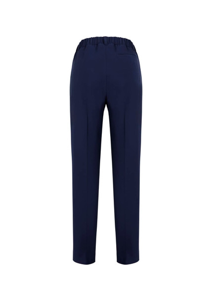 A pair of women's bandless elastic waist pants in navy, featuring a smooth fabric and a back pocket. A pair of women's bandless elastic waist pants in navy, featuring a smooth fabric and a back pocket.