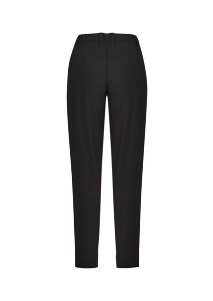 A pair of black slim leg pants with a comfort waist, featuring a simple design and no visible logos.
