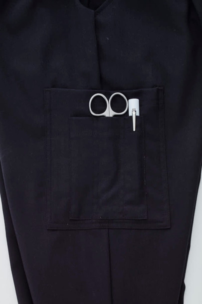 A pair of black cargo pants featuring a front pocket with scissors and a pen.