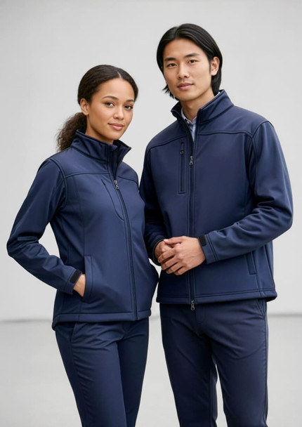 A navy men's softshell jacket displayed on a male and female model, both wearing coordinating attire.