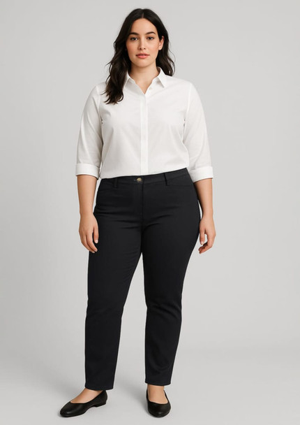 A pair of women's slim leg stretch chino pants in black, worn with a white shirt and black flats. The model has a logo on the pants. A pair of women's slim leg stretch chino pants in black, worn with a white shirt and black flats. The model has a logo on the pants.