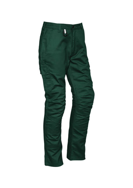 Mens rugged cargo pants in a deep green colour, featuring multiple pockets and a logo on the waistband.