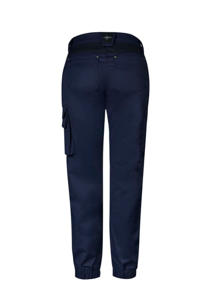 A pair of women's navy work pants featuring a fitted design and side cargo pockets, with a visible logo on the back.