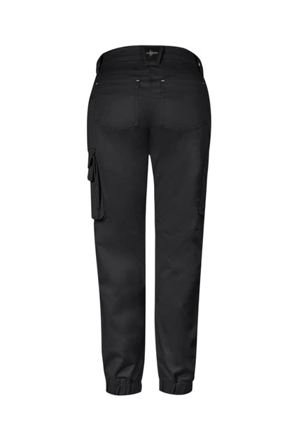 A pair of black women's work pants with a cargo style and elastic cuffs, featuring a logo on the back.