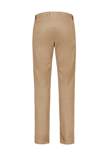 A pair of men's modern stretch chino pants in khaki, featuring a smooth back with visible stitching details.