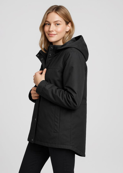 A black women's jacket featuring a hood, side pockets, and a sleek design, with a subtle logo present. A black women's jacket featuring a hood, side pockets, and a sleek design, with a subtle logo present.