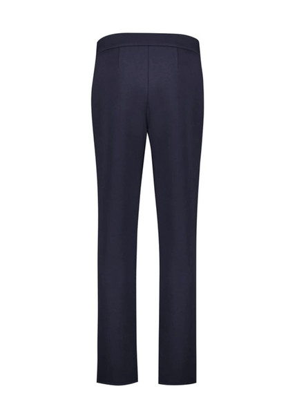 A pair of navy women's pull-on pants with a mid-rise design and a smooth finish. Features a logo on the waistband.