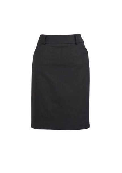 A black multi-pleat women's skirt with a fitted design and discreet branding.