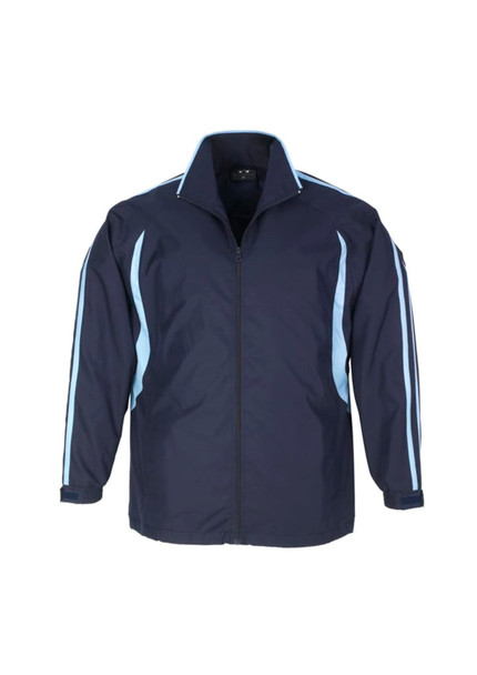 A track jacket in navy blue with light blue stripes, featuring a zip front and a collar. It has a logo on the chest.