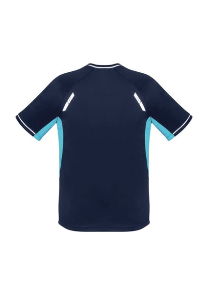 A navy blue short sleeve tee with light blue accents and reflective details, featuring a logo on the back.