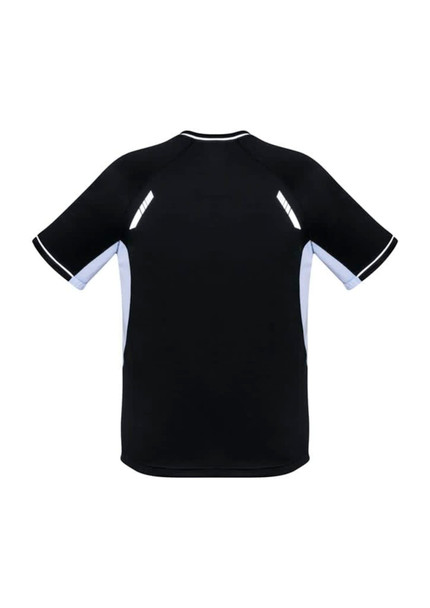 A black short sleeve tee for kids with light blue accents and reflective details. Features a logo on the back.