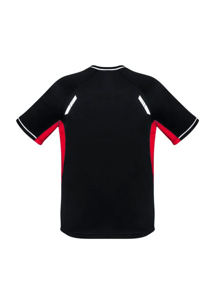 A short-sleeve tee in black with red accents and reflective details, featuring a logo on the design.