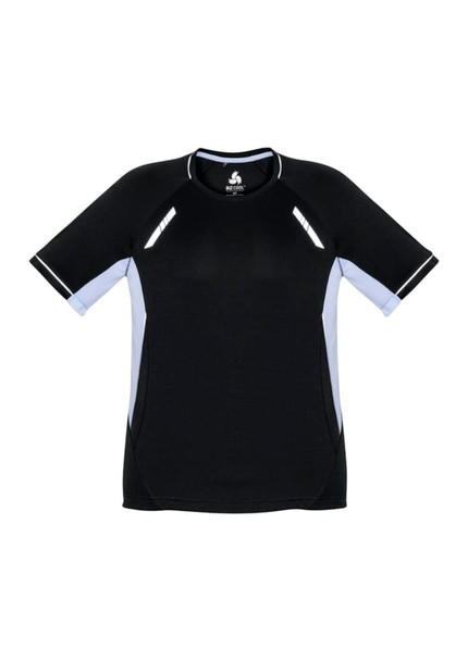 A black short sleeve tee with light blue accents and a logo on the upper front.