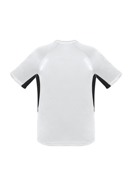 A short sleeve tee featuring a white body with black accents and a logo on the back.