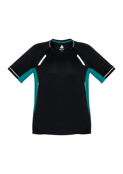 A short sleeve T-shirt in black and teal with reflective detailing and a logo on the front.