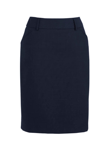 A women's comfort wool stretch multi-pleat skirt in dark navy, featuring a fitted design and waistband with pockets.