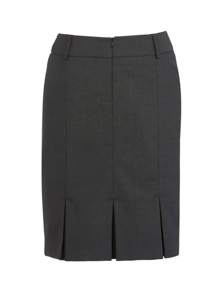 A grey, multi-pleat women's skirt, featuring a fitted design and back zipper detail.