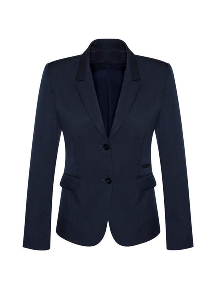 A navy women's mid-length jacket with a two-button closure and a fitted silhouette. Features a branded logo.