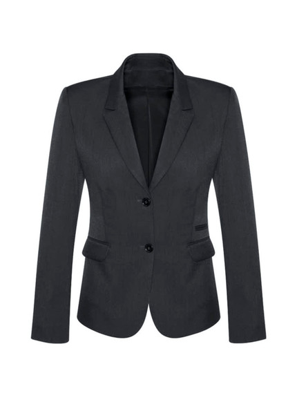 A women's mid-length jacket in dark grey, featuring a two-button closure and a fitted silhouette.