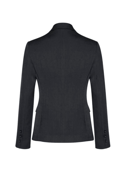 A black mid-length women's blazer featuring a two-button front and button detailing on the sleeves.