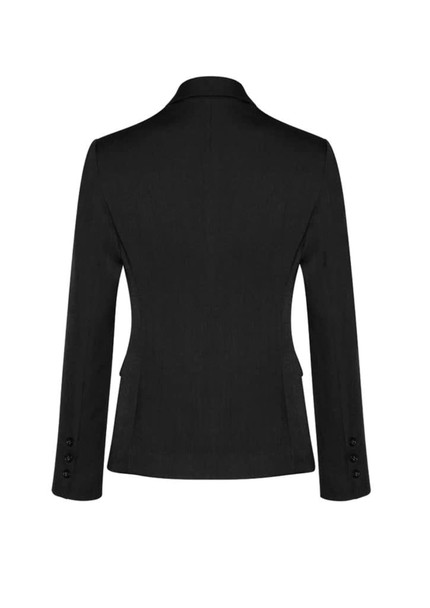A black mid-length women's jacket with a two-button front and tailored fit, featuring a back view.