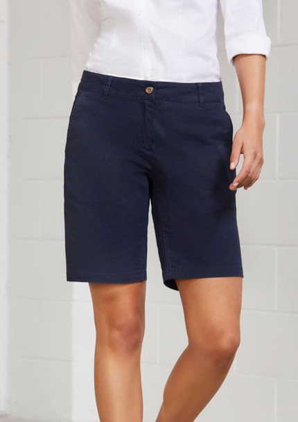 A pair of women's chino shorts in navy, featuring four pockets and a button closure, with a logo present.