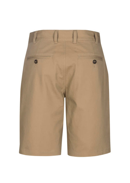 Men's dress shorts in a tan colour, featuring a back view with two buttoned pockets and a logo.