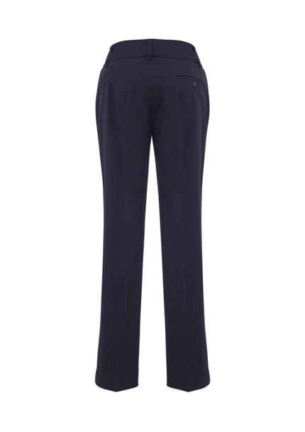A pair of navy slacks with a straight leg design and a back pocket, featuring a small logo.