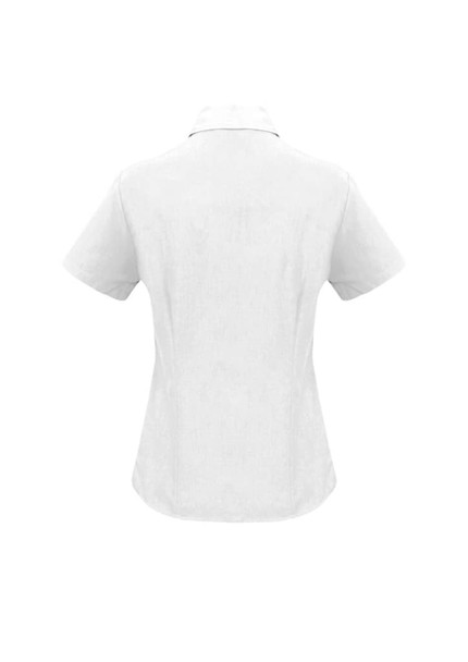 A plain short sleeve shirt in white with a back collar and fitted design. It includes a logo.