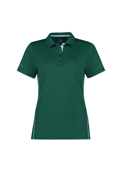 A green women's short sleeve polo shirt with a collar and side detailing, featuring a logo.
