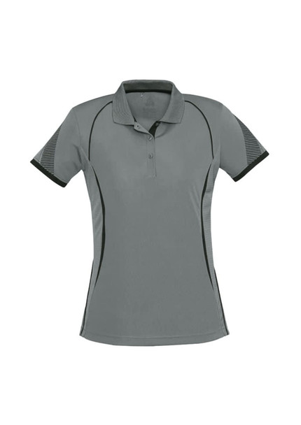 A women's short sleeve polo shirt in grey with black detailing and a logo on the chest.