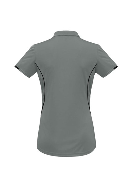 A women's short sleeve polo shirt in grey with black accents, featuring a collar and a logo.